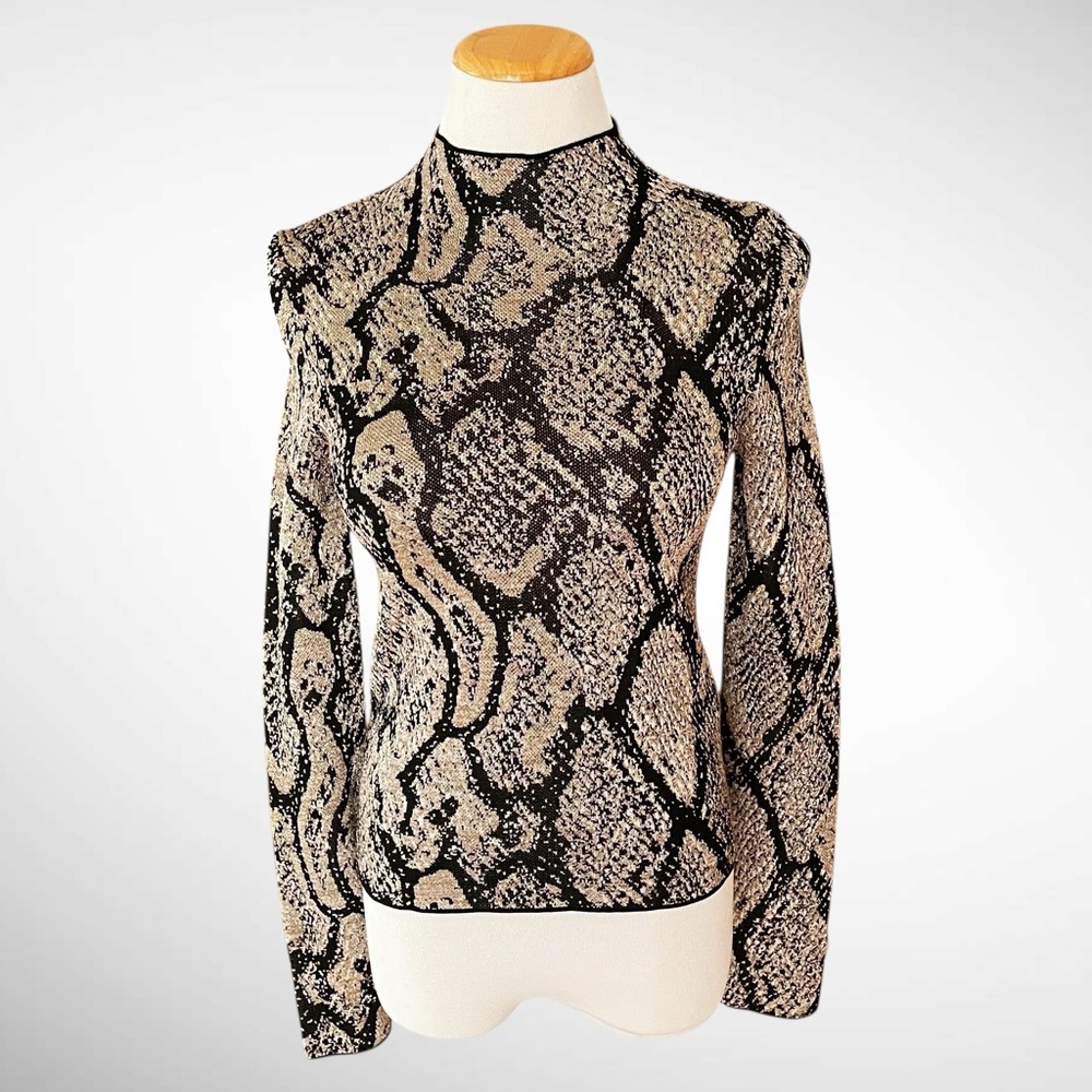 Zara Cropped Pullover Metallic Mockneck Reptile Sweater Back Zip Long Sleeves